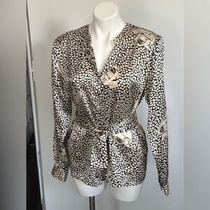 Gay Boyer 🪺 Satin Floral Wrap Blazer Vintage Top - Beige & Black